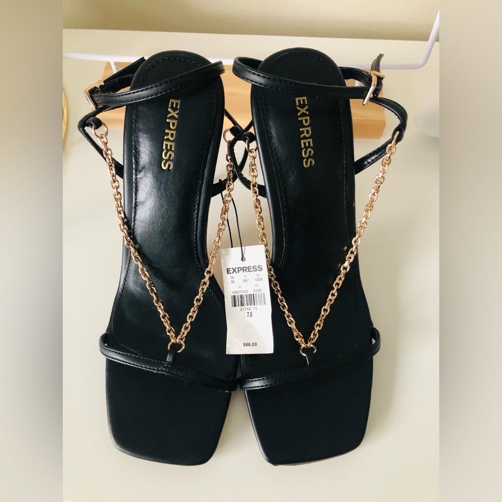 Express Black Heels with Gold Chain Accent